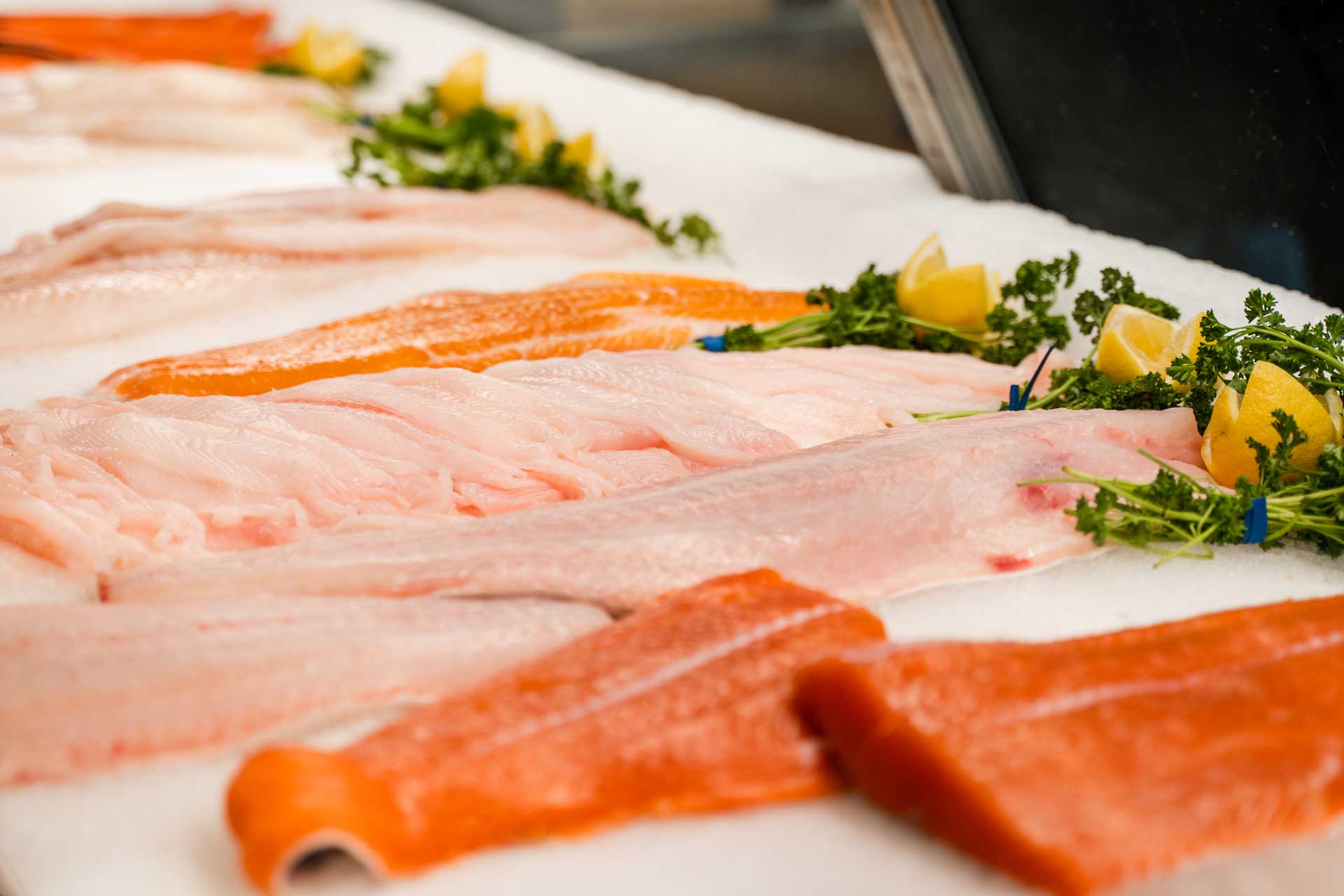 Different types of fish laying on top of ice