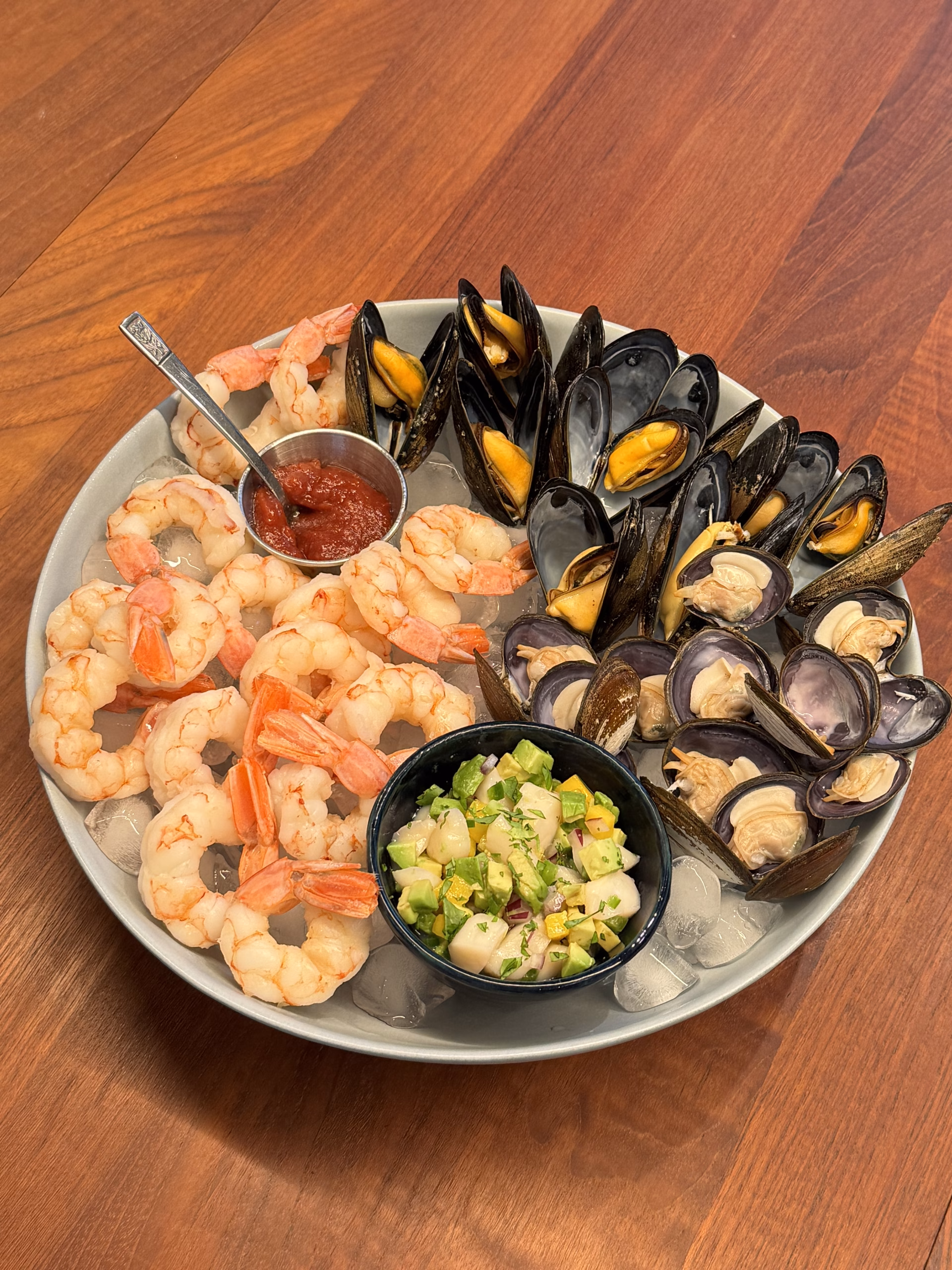 A chilled seafood platter with prawns, mussels and oysters