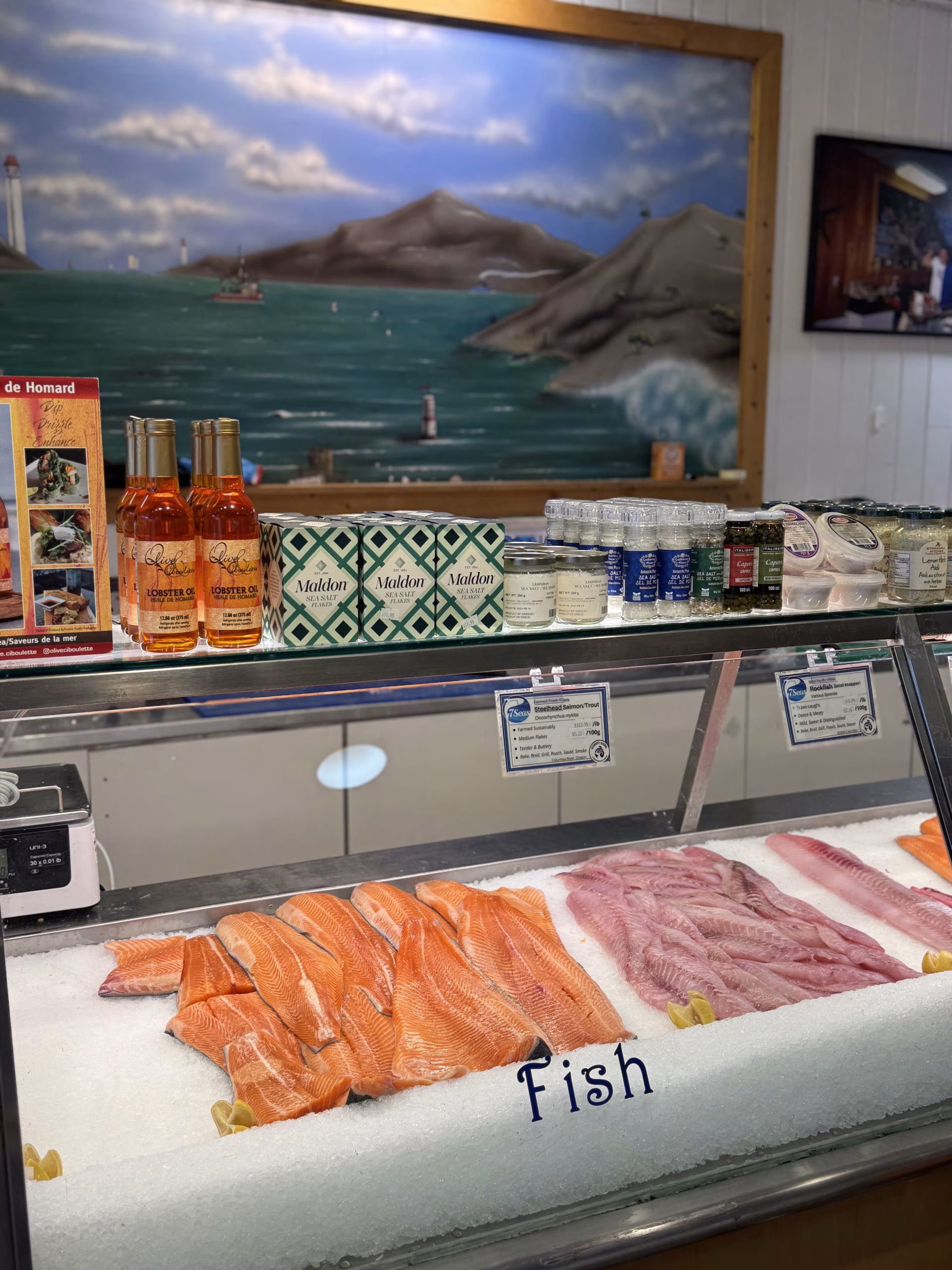 The 7 Seas fish case with the ocean mural behind it